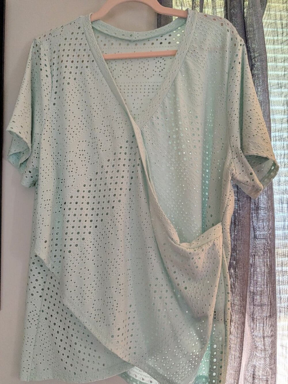 Mint Green Eyelet Wrap Short Sleeve Shirt Fits up to a 2X
